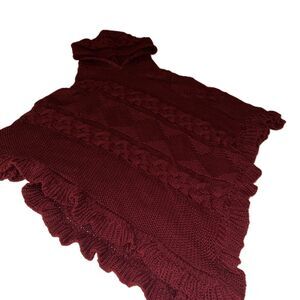 Red Cable Knit Turtleneck Ruffled Poncho One Size
